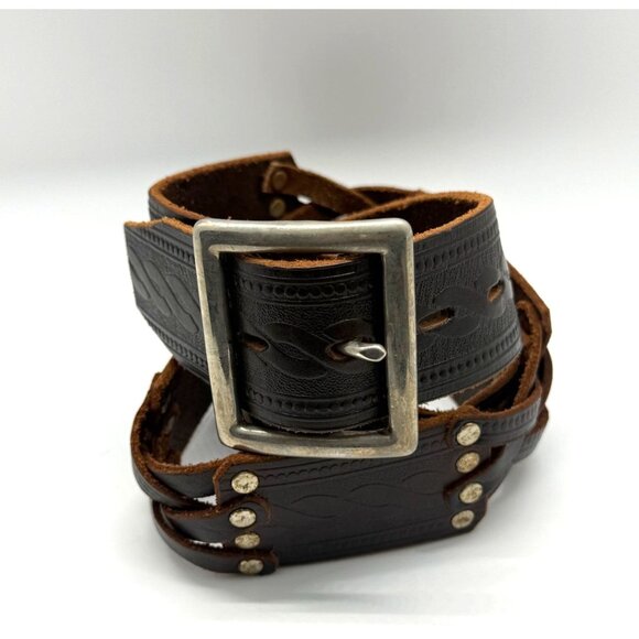 Hollywood Trading Co HTC Brown Leather Belt Studded Tooled Silver Buckle Size 34 - Picture 11 of 11